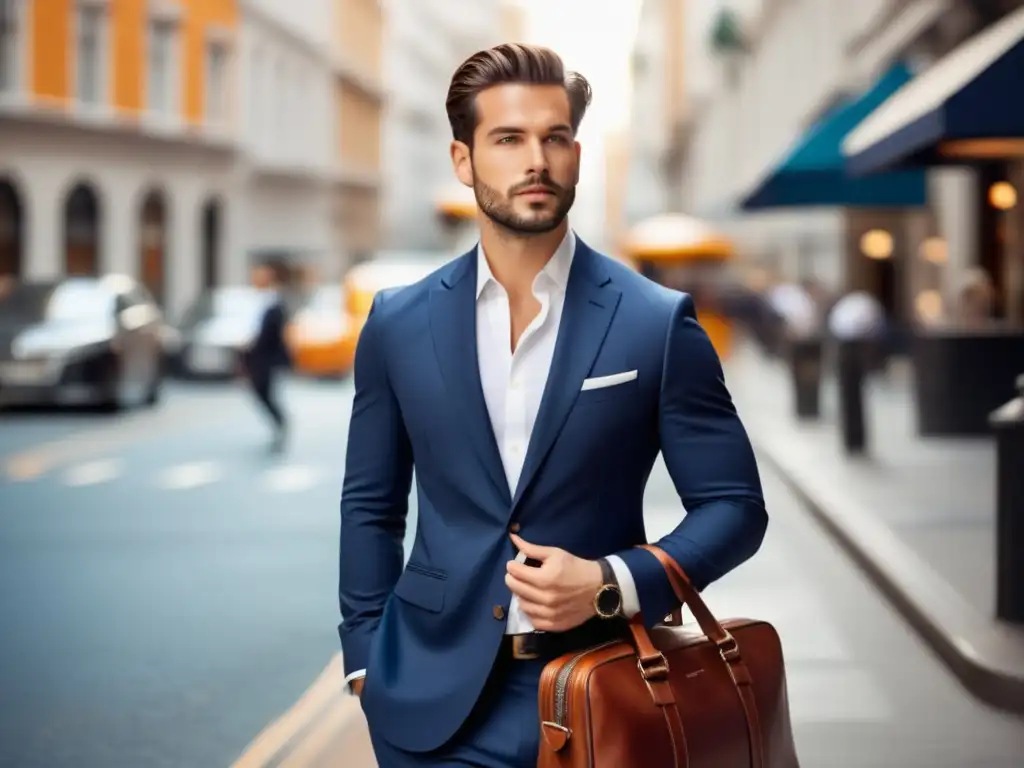 Viajero elegante en ciudad vibrante Consejos de moda masculina para viajar: elegante viajero en una vibrante ciudad con un traje azul, camisa blanca y accesorios sofisticados