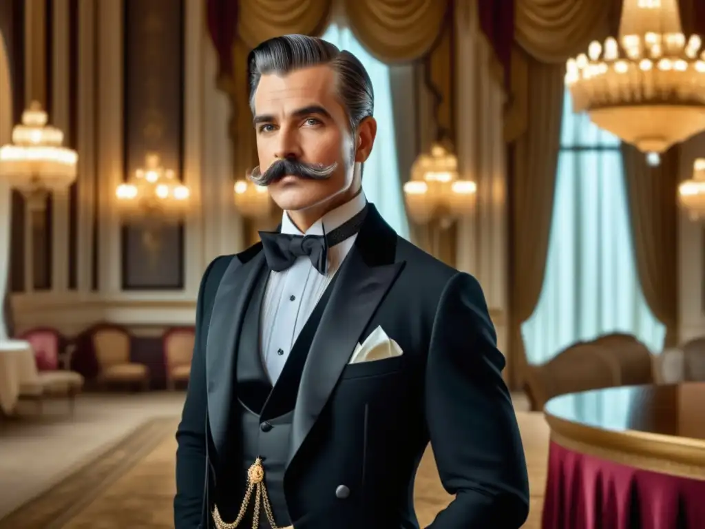 Importancia moda masculina drama histórico: Dapper gentleman exuda elegancia y sofisticación, destacando su atuendo y detalles