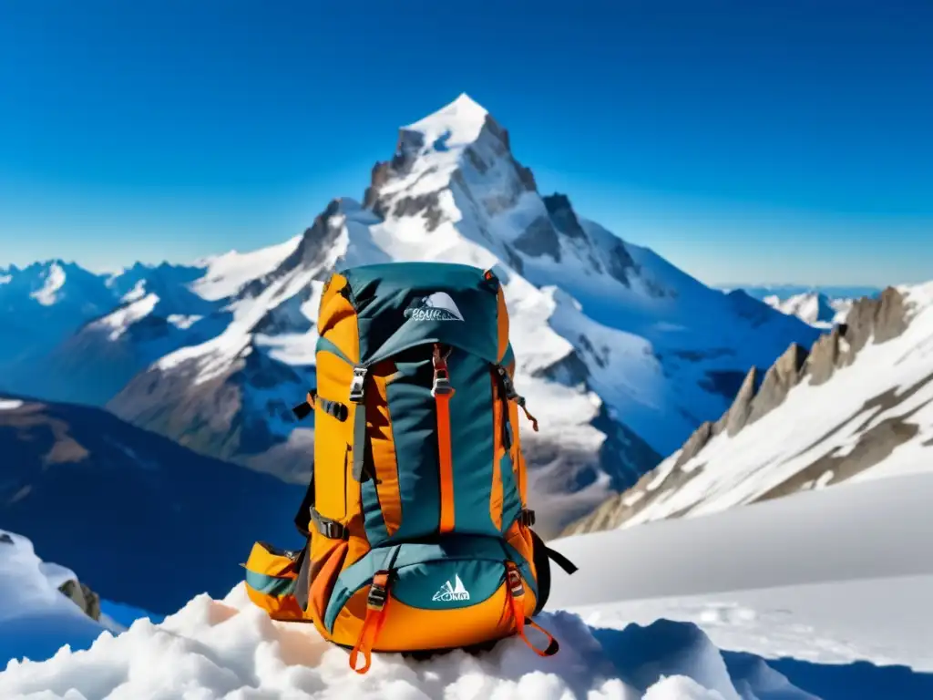 Equipamiento esencial hombre aventurero montaña: mochila, guantes, gorro y gafas polarizadas en imagen 8k de montaña nevada