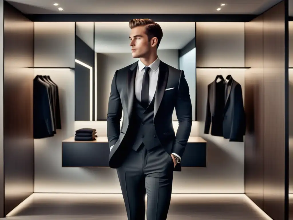 Hombre joven con elegante traje negro y espejo, reflejando diversas opciones de moda