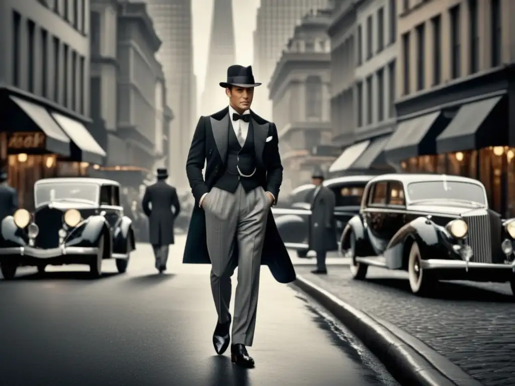 Hombre elegante en traje clásico destaca en ciudad, ilustrando estilo masculino cine aprendizaje