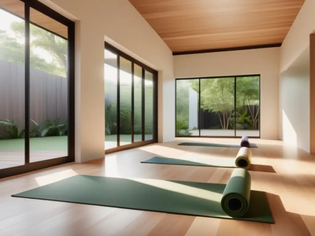 Estudio de yoga sereno y minimalista con vista al jardín verde - Beneficios del yoga para hombres