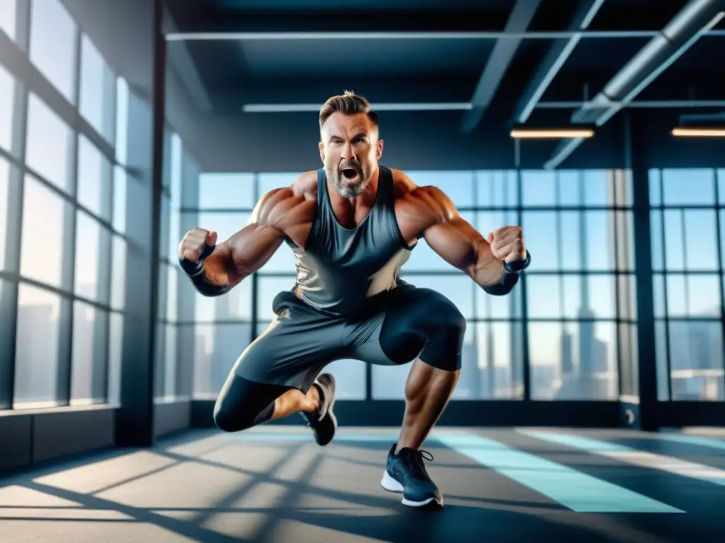 Hombre atleta mid30s realiza ejercicio HIIT en gimnasio futurista - Beneficios del HIIT para hombres