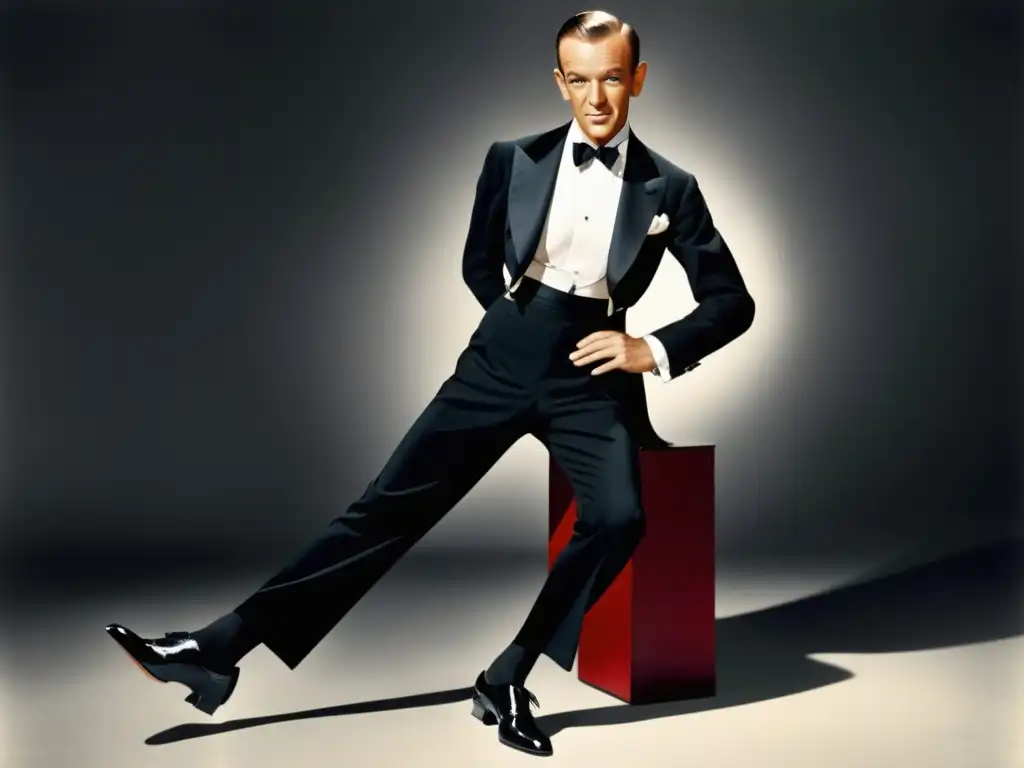 Fred Astaire en una pose elegante, vistiendo un impecable traje negro con camisa blanca y corbata negra