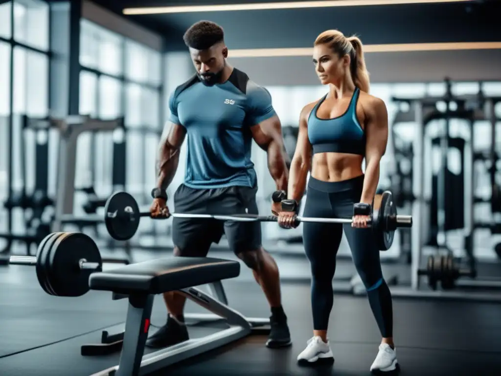 Guía para principiantes en el gimnasio: entrenador y equipo moderno, rutina de ejercicios con pesas, mujer siguiendo instrucciones