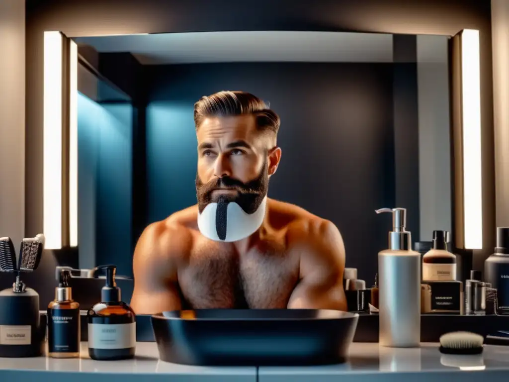 Tendencias moda masculina creativos nocturnos en imagen 8k: hombre moderno con barba perfecta, afeitado elegante rodeado de productos de alta gama