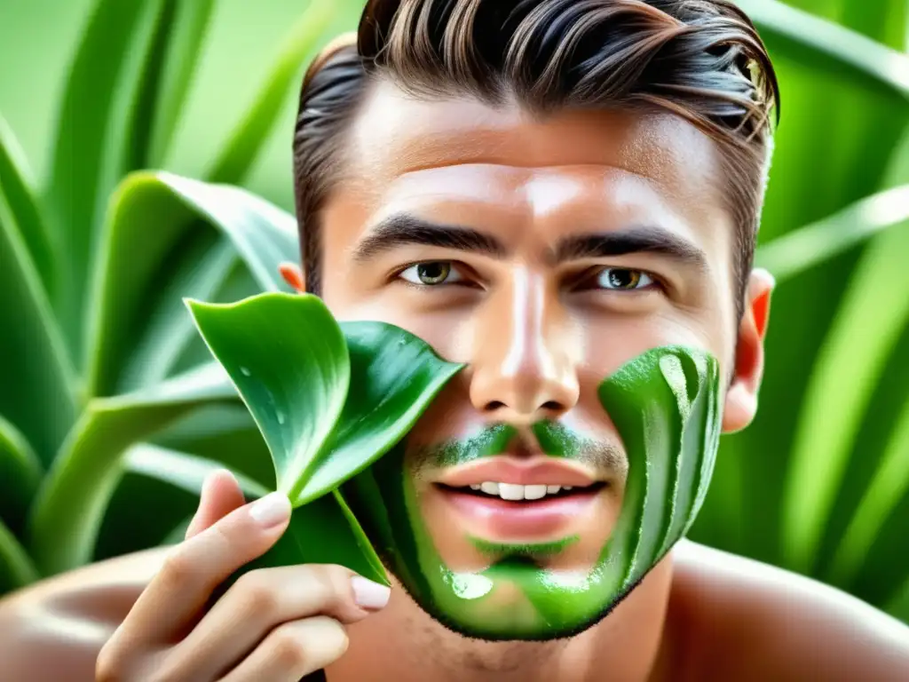 Hombre aplicando aloe vera para piel masculina