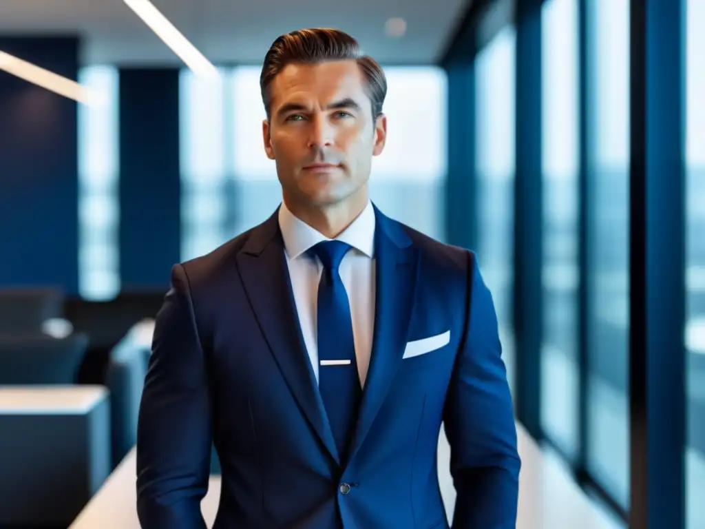 Hombre bien vestido para entrevista de trabajo: traje azul marino, camisa blanca y corbata