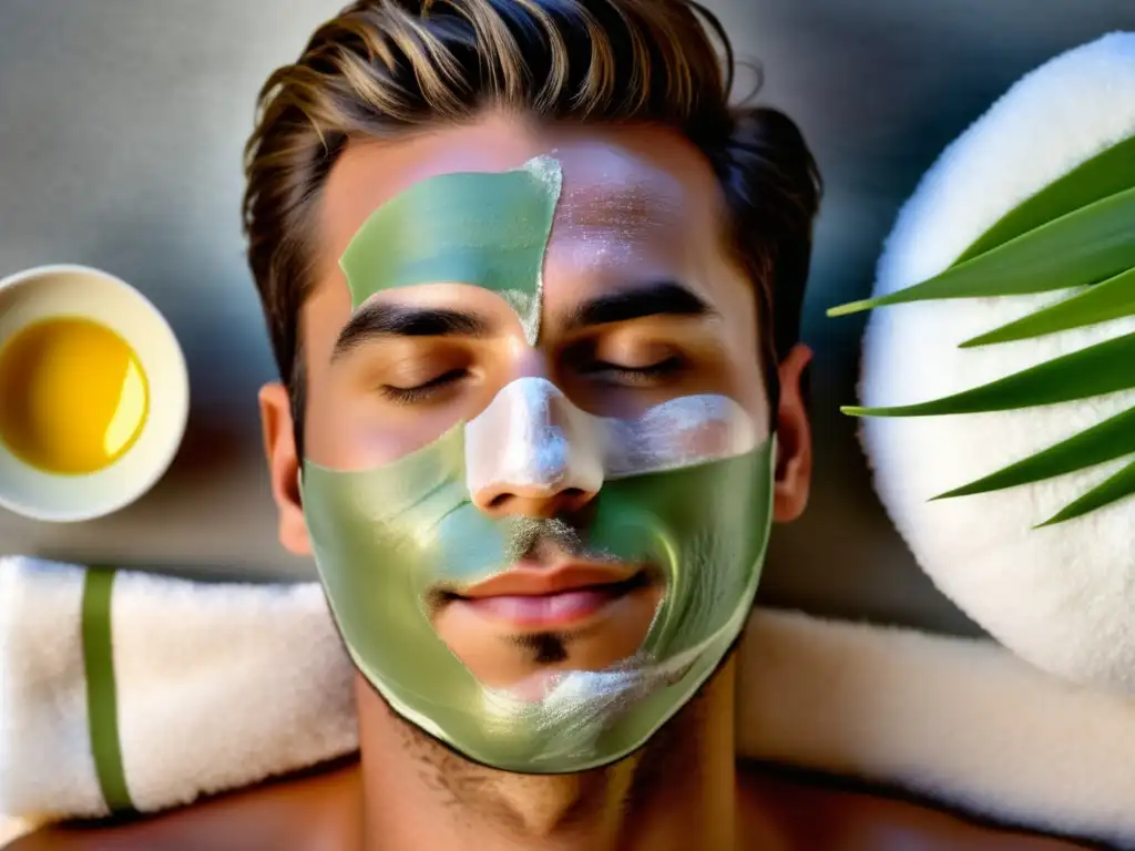 Hombre con mascarilla facial calmante, remedios caseros piel irritada hombre