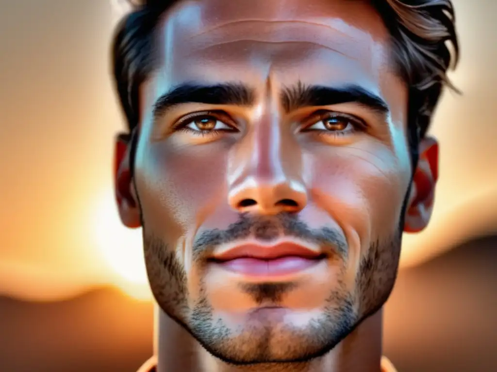 Beneficios de aceites esenciales para piel masculina: Hombre con piel radiante y sin imperfecciones aplica aceites esenciales en su rostro