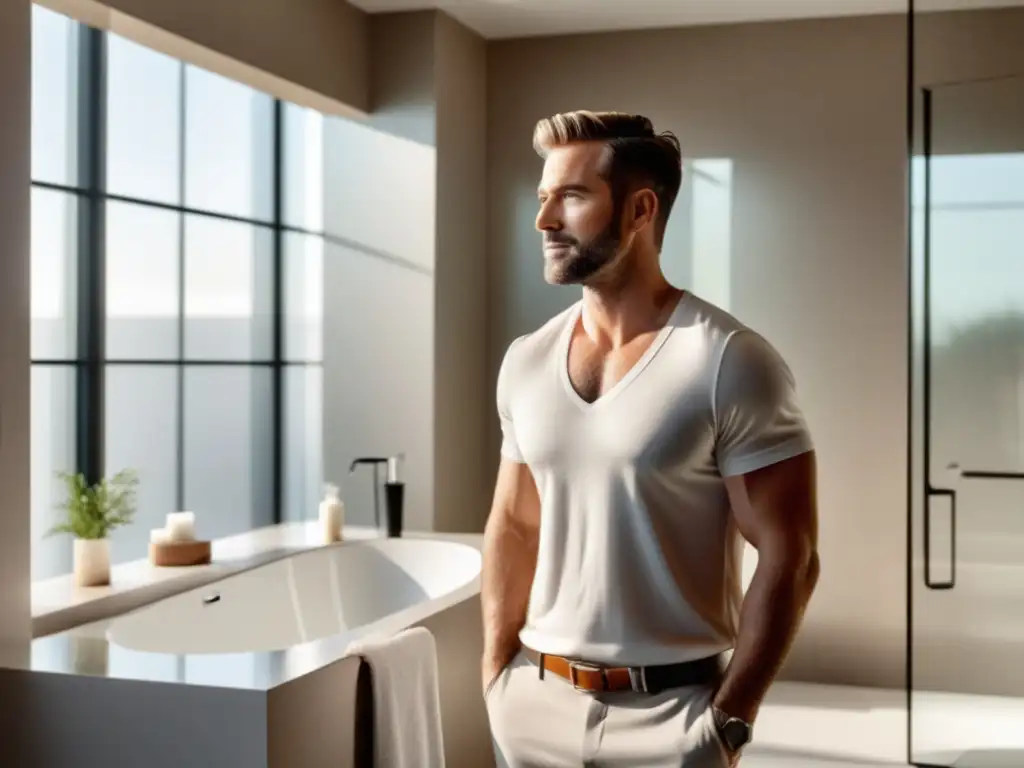 Hombre de 30s en baño moderno, cuidado de piel masculina, exfoliación como paso esencial