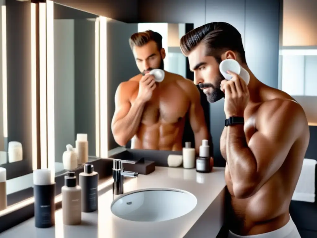 Hombre seguro aplicando productos de cuidado facial en baño moderno