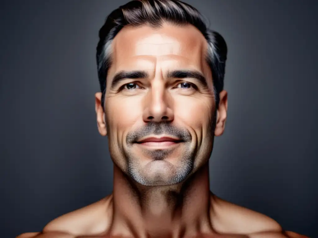 Hombre en sus 40s con piel impecable, aplicando exfoliante facial