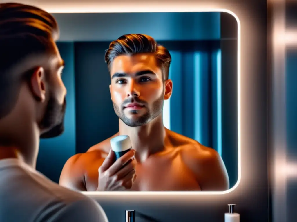 Importancia cuidado piel hombres: imagen 8k de joven con piel perfecta frente a espejo minimalista, producto de cuidado en mano