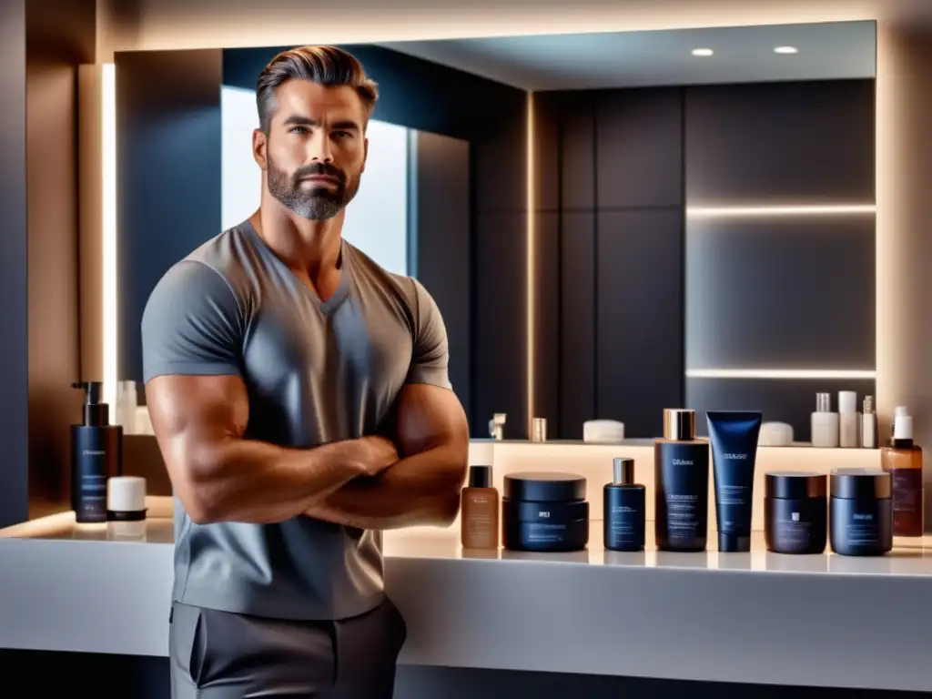 Un hombre guapo con piel perfecta, rodeado de productos de cuidado facial masculinos de alta gama