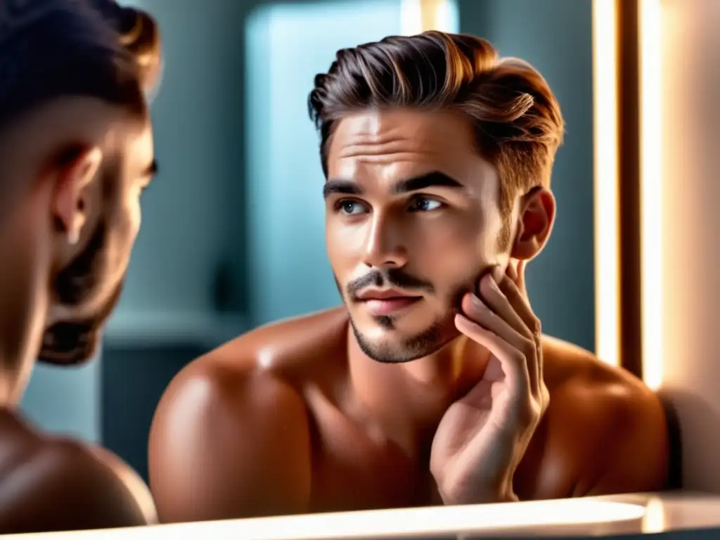 Hombre joven aplicando crema facial, reflejo en espejo