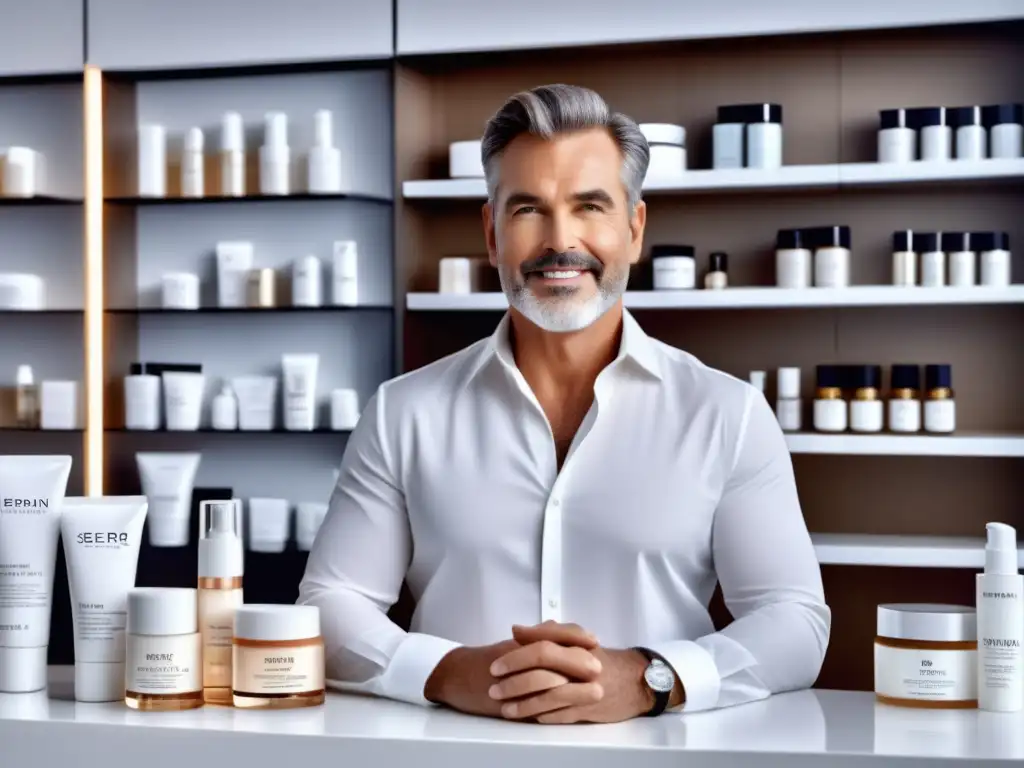 Hombre de mediana edad con piel perfecta, confiado y bien vestido, junto a una elegante exhibición de productos antienvejecimiento