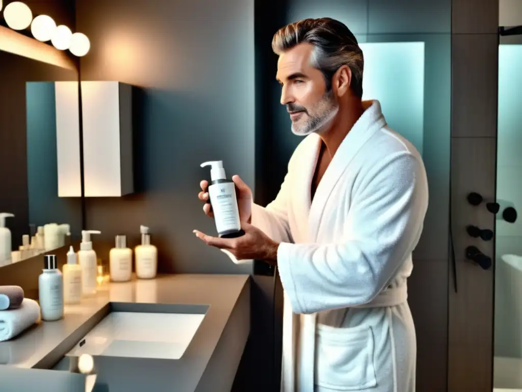 Hombre usando productos de cuidado de piel en baño moderno