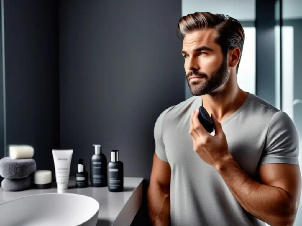 Rutina de cuidado de la piel masculina: hombre guapo aplicando exfoliante en moderno baño