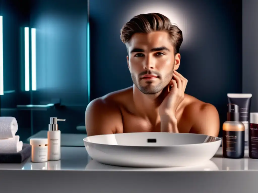 Tratamientos para piel rojiza masculina - Joven hombre con piel perfecta y productos de cuidado visibles en un baño moderno