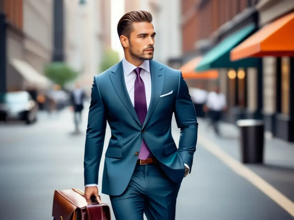 Un hombre elegante camina con confianza por una calle de la ciudad, vistiendo un traje a medida en un diseño moderno y color vibrante