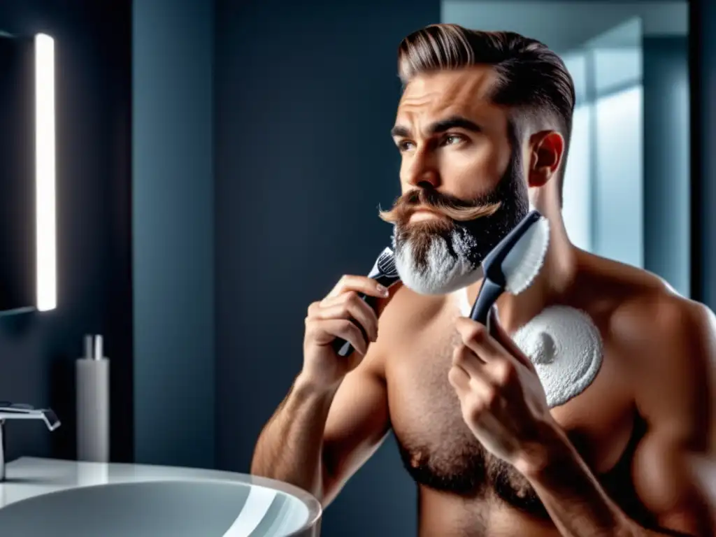 Hombre bien cuidado y afeitado en un baño moderno, resaltando la importancia de la salud física en la moda masculina