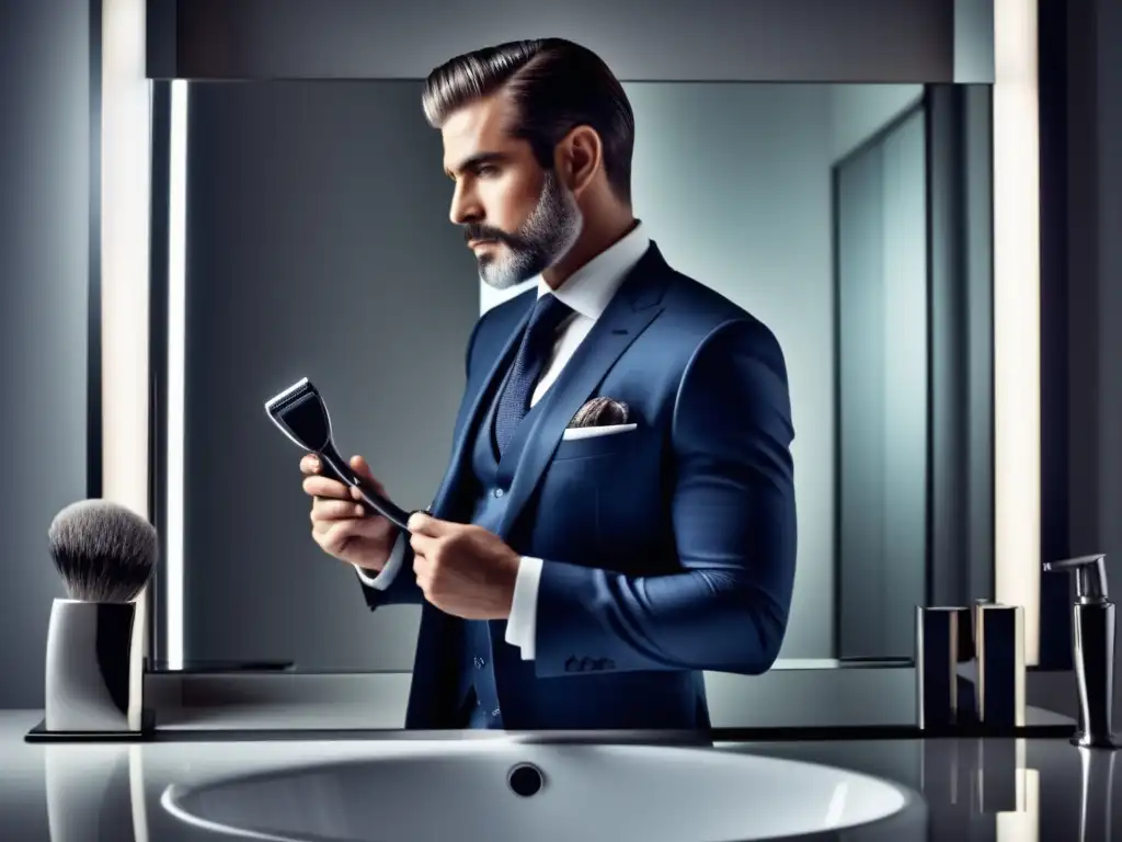 Hombre bien arreglado frente a espejo baño moderno, afeitándose con elegancia - Ergonomía y postura para mejorar apariencia masculina