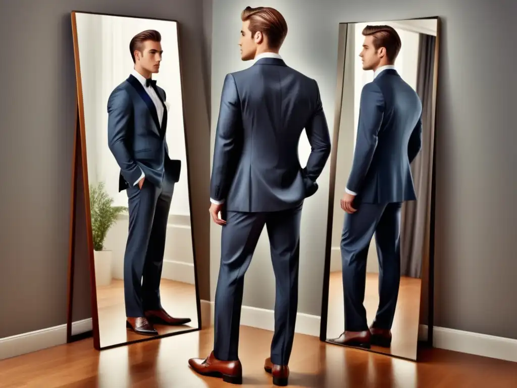 Estilo personal y autoestima masculina: joven elegante frente al espejo en traje, reflejando confianza y sofisticación