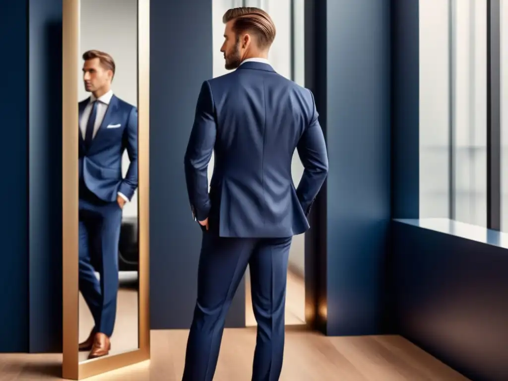 Hombre seguro en traje azul marino, reflejo de la moda masculina y autoestima