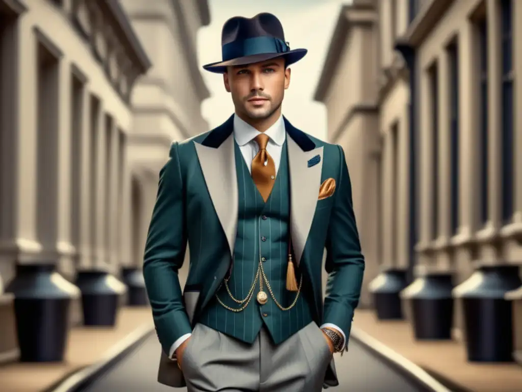 Hombre elegante en traje de tres piezas, sombrero fedora y accesorios de lujo - Tendencias moda masculina años 20