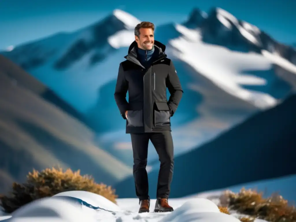 Ropa de montaña para hombres elegantes en majestuoso escenario de nieve