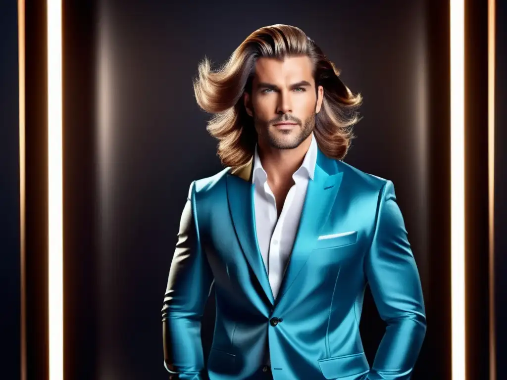 Hombre con cabello saludable y estilizado Beneficios tratamientos capilares: Hombre confidente y estilizado con cabello sano y abundante en ambiente lujoso de salón