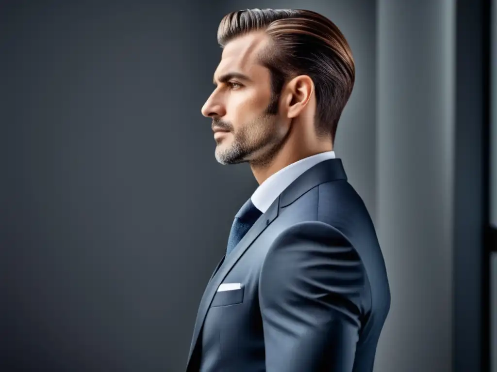 Hombre elegante con postura perfecta, traje moderno y ambiente profesional