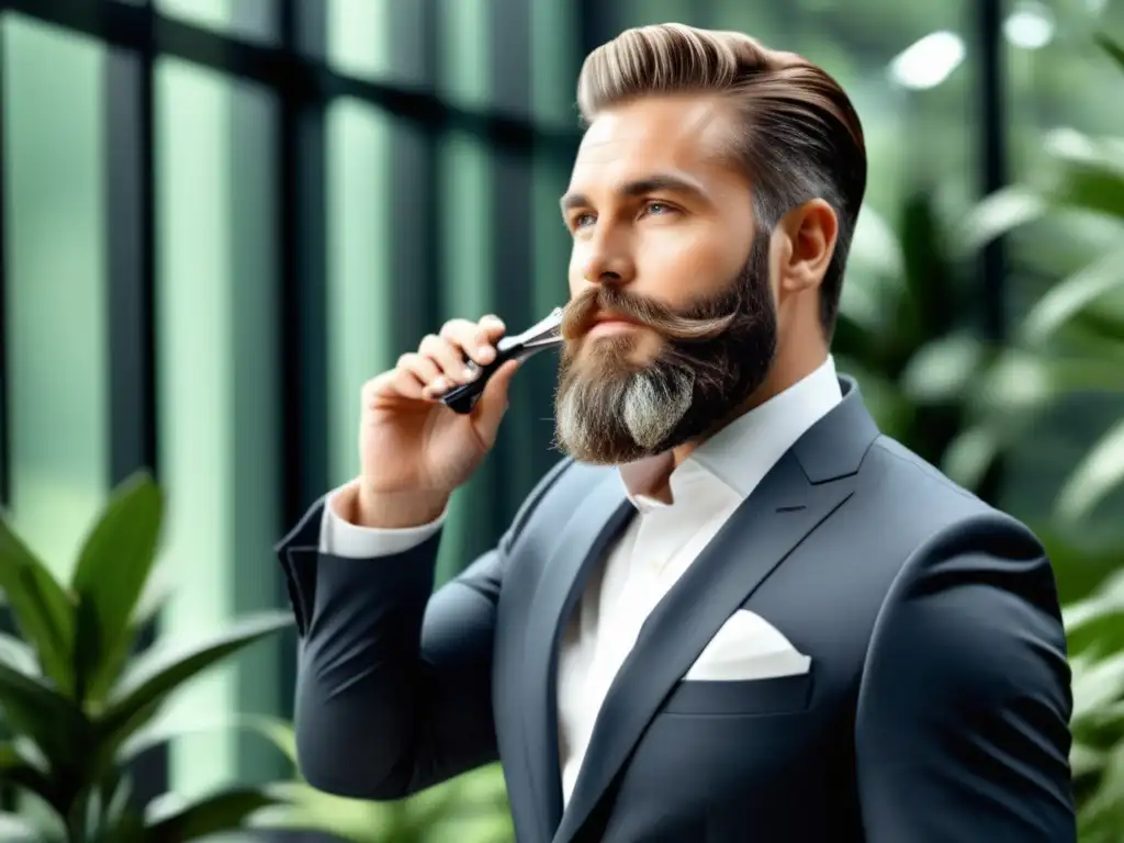 Hombre elegante con barba, traje y productos de cuidado facial, imagen de marcas de moda sostenible para hombres