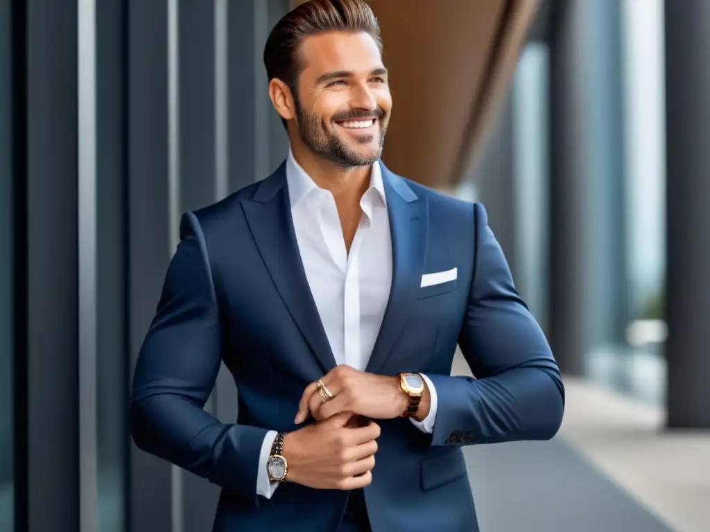 Hombre elegante en traje destacando joyería masculina para ocasiones especiales