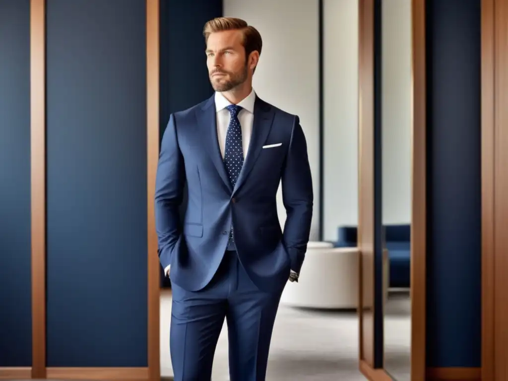 Consejos para armar el armario masculino corporativo perfecto: Hombre elegante en traje azul marino frente a un espejo de cuerpo entero