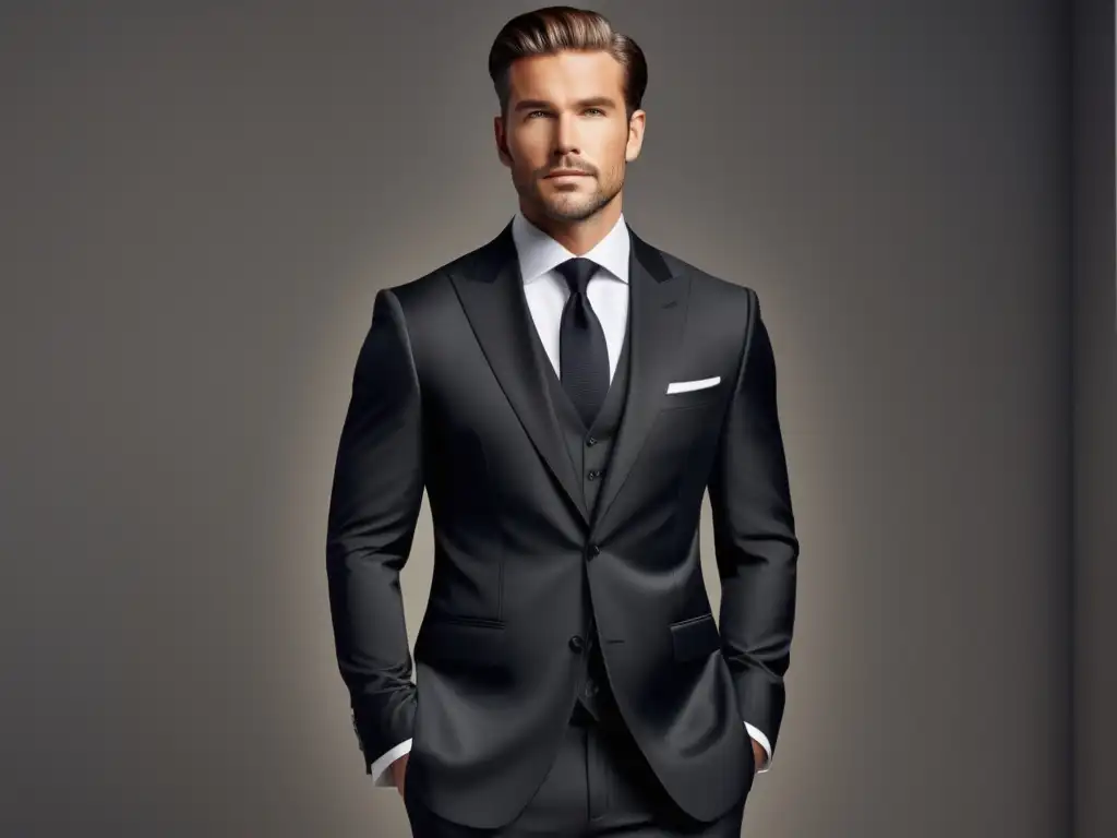 Hombre elegante en traje negro, fondo minimalista