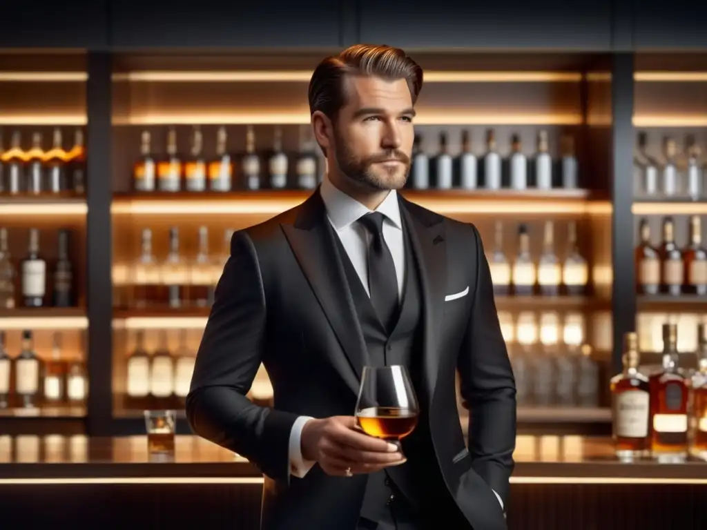 Tendencias moda masculina whisky: Hombre elegante con traje negro y camisa blanca, sostiene un vaso de whisky en un bar lujoso y moderno