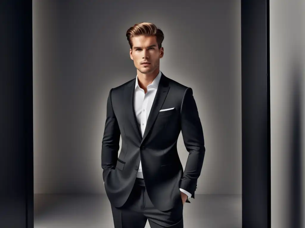 Modelo masculino en traje negro minimalista muestra tendencias moda masculina minimalista