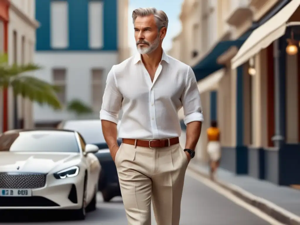 Guía estilo vestir verano hombre: hombre maduro confiado en atuendo casual sofisticado, urbano vibrante, elegante y atemporal