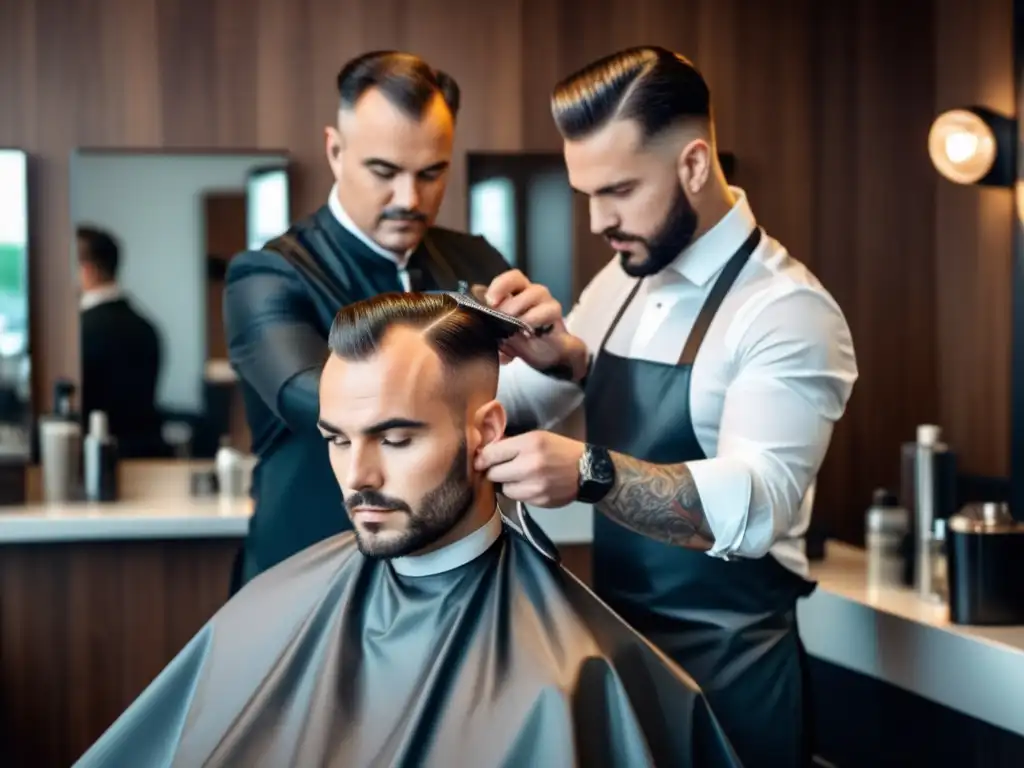 Hombre con entradas: corte y estilo moderno por experto barbero en salón minimalista