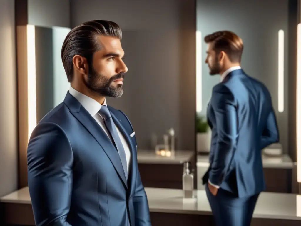 Hombre seguro y elegante frente a un espejo con una dieta equilibrada