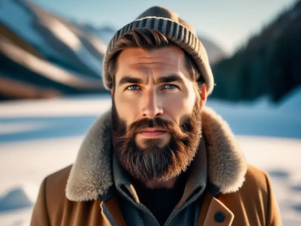 Cuidado de piel masculina invierno: hombre con barba perfecta, piel impecable, abrigo y sombrero en paisaje nevado