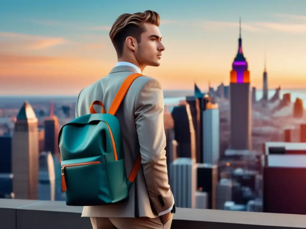 Hombre elegante con mochila en combinación de outfit masculino en vibrante ciudad