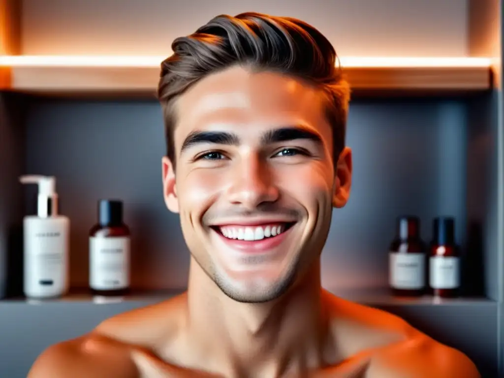 Tratamiento natural para acné masculino: joven sonriente con piel saludable y textura impecable, en un baño moderno con productos naturales