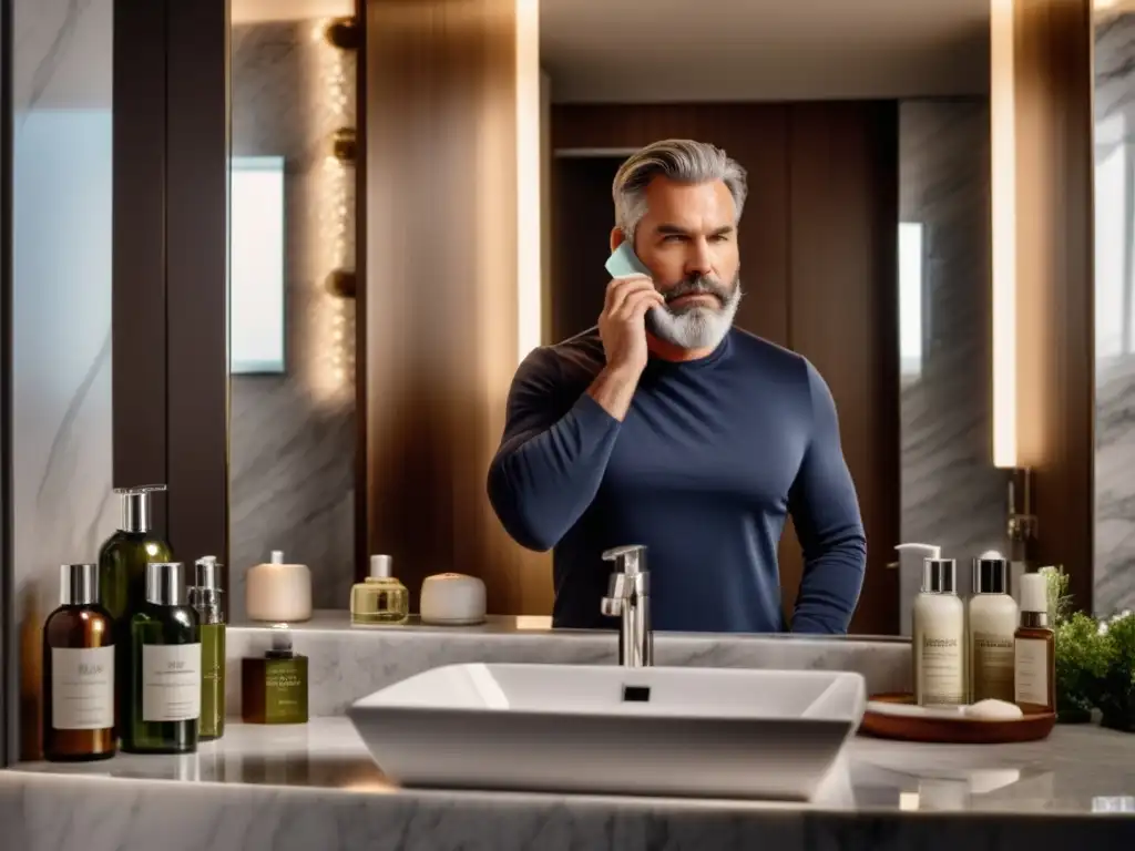 Hombre maduro en baño elegante aplicando mascarilla facial - Claves de estilo hombre madureño