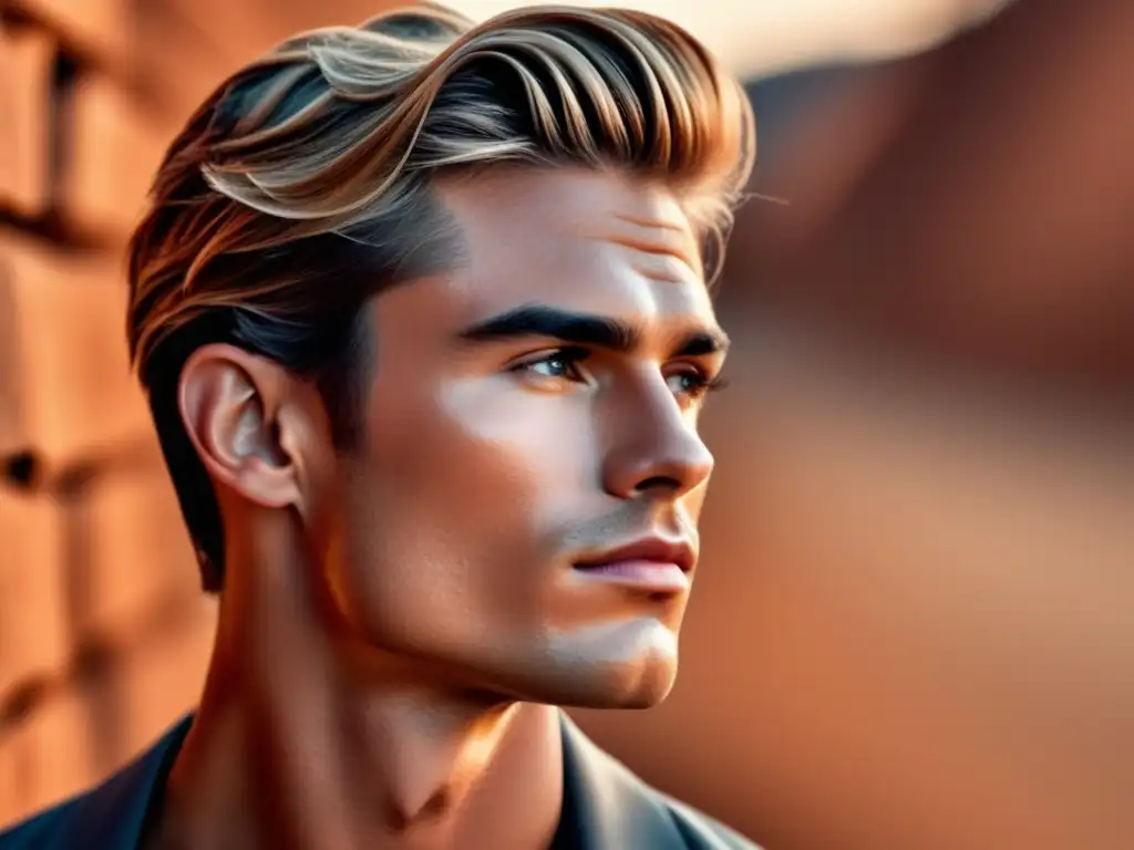 Modelo masculino con piel impecable, cabello perfecto y estilo actual