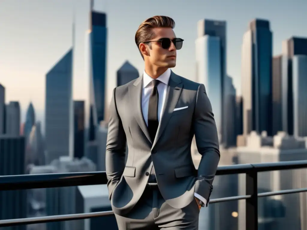 Hombre elegante con traje gris y zapatos de cuero negros, resalta importancia del calzado en moda masculina