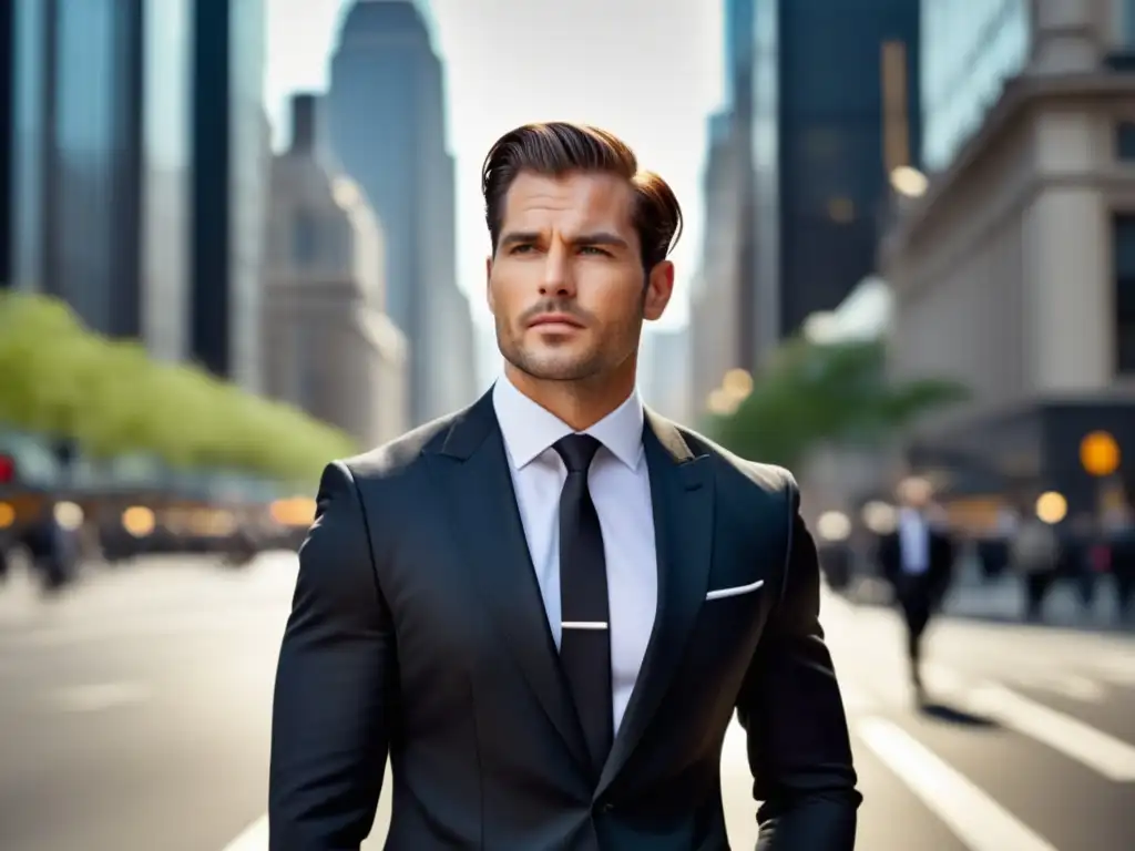 Publicidad moda masculina tendencias: Hombre elegante en la ciudad con vallas publicitarias de moda