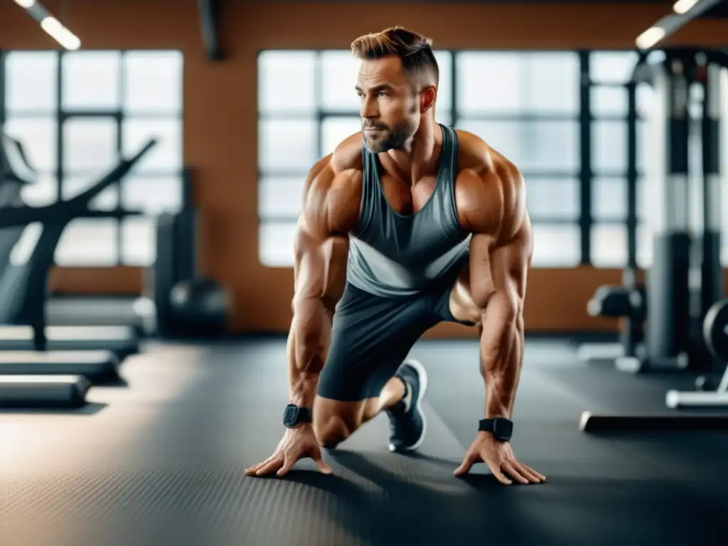 Hombre en gimnasio realizando ejercicio de estiramiento: Beneficios de la flexibilidad en hombres